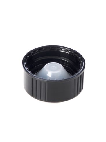Black PP plastic 24-400 ribbed skirt lid with PP plastic polycone liner