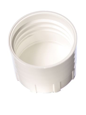 White PP plastic 38-430 buttress cap with unprinted pressure sensitive (PS) liner