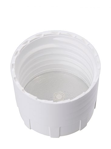 White PP plastic 38-430 buttress cap with foam liner and vented heat induction seal (HIS) liner (for PE and PP containers only)
