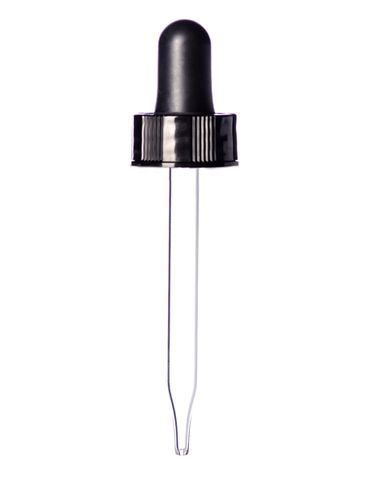 Black PP plastic 20-400 semi-ribbed skirt dropper assembly with rubber bulb and 75 mm straight tip glass pipette (fits 1 oz bottle)