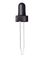 Black PP plastic 18-400 ribbed skirt dropper assembly with monprene bulb and glass pipette (fits 15 mL or 1/2 oz bottle)