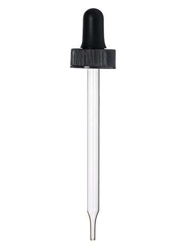 Black PP plastic 22-400 ribbed skirt dropper assembly with rubber bulb and 108 mm straight tip glass pipette