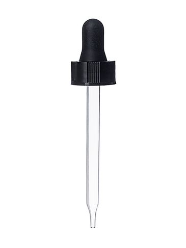 Black PP plastic 20-400 semi-ribbed skirt dropper assembly with rubber bulb and 91 mm glass pipette (fits 2 oz bottle)