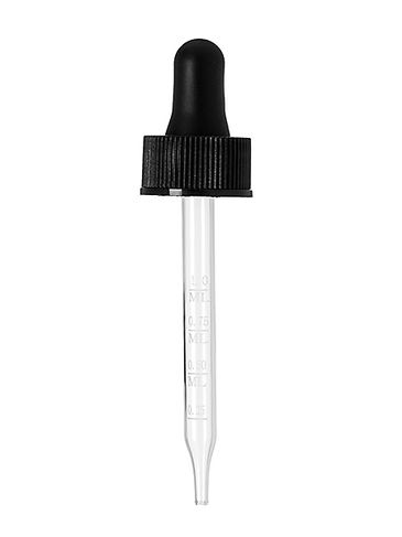 Black PP plastic 20-400 ribbed skirt dropper assembly with rubber bulb and 76 mm straight tip laser etched glass pipette (graduated marks at .25, .5, .75, 1 mL)