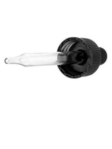 Black PP plastic 20-400 ribbed skirt dropper assembly with rubber bulb and 76 mm straight tip glass pipette