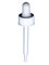 White PP plastic 20-400 ribbed skirt dropper assembly with rubber bulb and 76 mm straight tip glass pipette