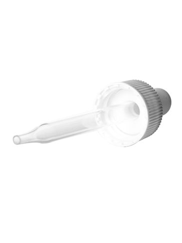 White PP plastic 20-400 ribbed skirt dropper assembly with rubber bulb and 76 mm straight tip glass pipette
