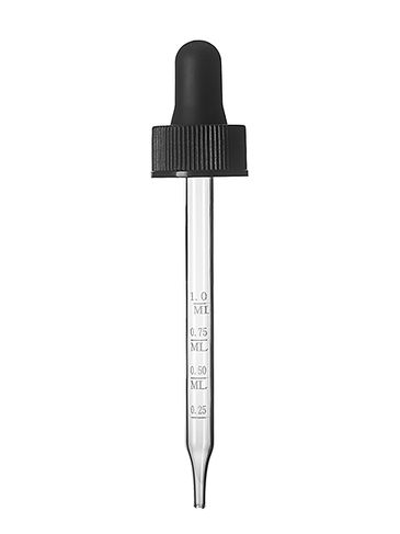 Black PP plastic 20-400 ribbed skirt dropper assembly with rubber bulb and 91 mm straight tip laser etched glass pipette (graduated marks at .25, .5, .75, 1 mL)