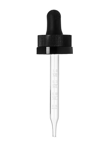 Black PP plastic 20-400 ribbed skirt child-resistant dropper assembly with rubber bulb and 76 mm straight tip laser etched glass pipette (graduated marks at .25, .5, .75, 1 mL)