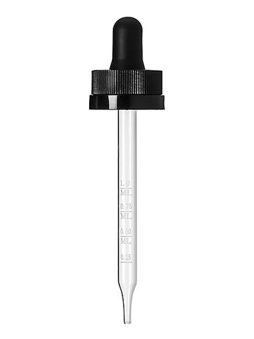 Black PP plastic 20-400 ribbed skirt child-resistant dropper assembly with rubber bulb and 91 mm straight tip laser etched glass pipette (graduated marks at .25, .5, .75, 1 mL)