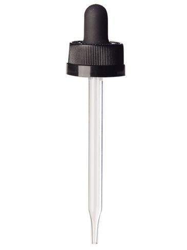 Black PP plastic 20-400 ribbed skirt child-resistant dropper assembly with rubber bulb and 91 mm straight tip glass pipette