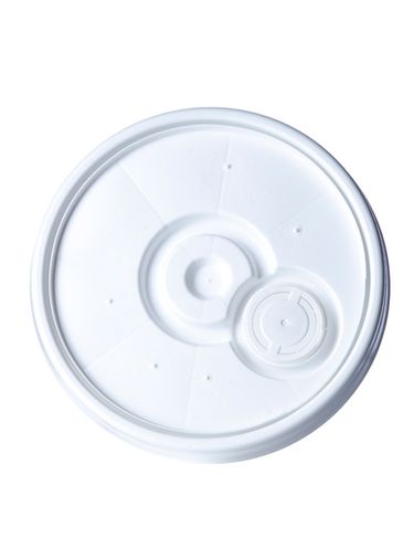 White HDPE plastic UN rated vented lid of 90 mil thickness with gasket and pour spout