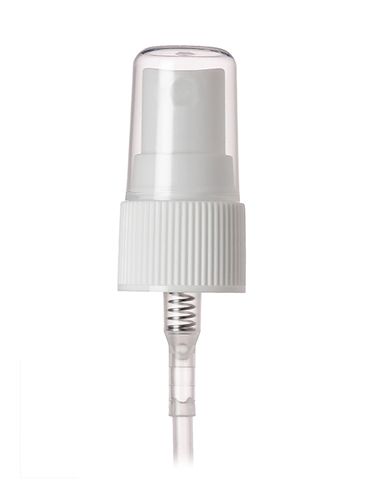 White PP plastic 20-410 ribbed skirt fine mist fingertip sprayer with clear overcap and variable dip tube (0.18cc output)