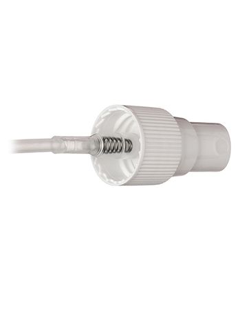 White PP plastic 20-410 ribbed skirt fine mist fingertip sprayer with clear overcap and variable dip tube (0.18cc output)
