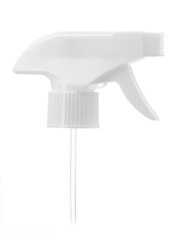 White plastic 28-410 ribbed skirt spray/stream/off nozzle trigger sprayer with 6.6 inch dip tube (0.8 - 1 cc output)